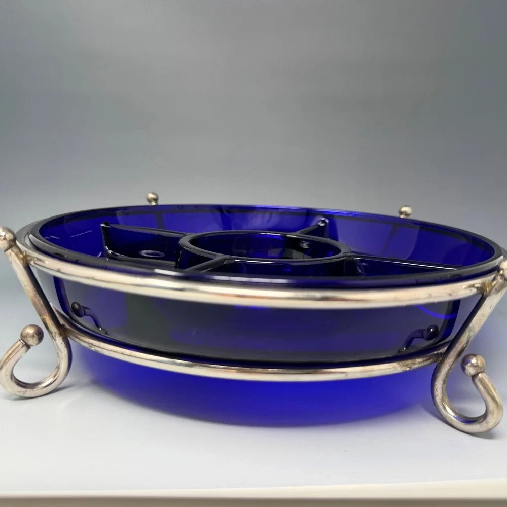 Godinger Cobalt Blue Glass Relish Dish Silver Plate Footed Caddy Made in France